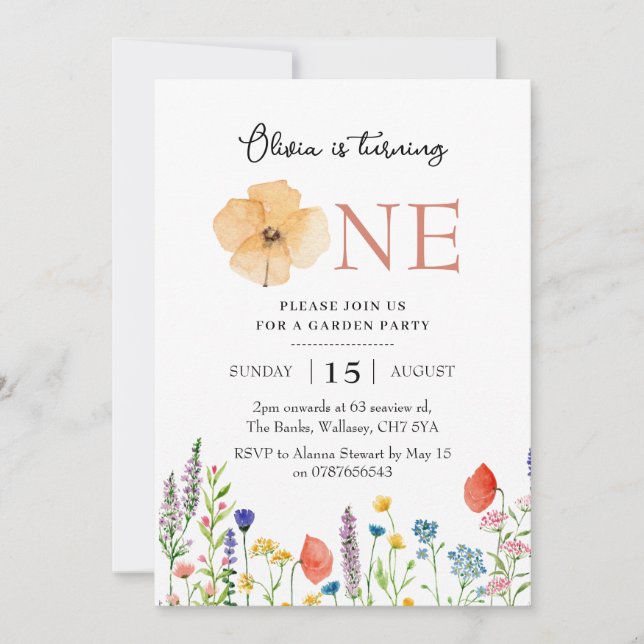 Wildflower 1st birthday invitation, botanical 1st  invitation (Front)