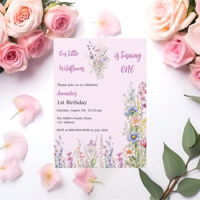 Wildflower 1st Birthday pink purple girl Invitation (Creator Uploaded)