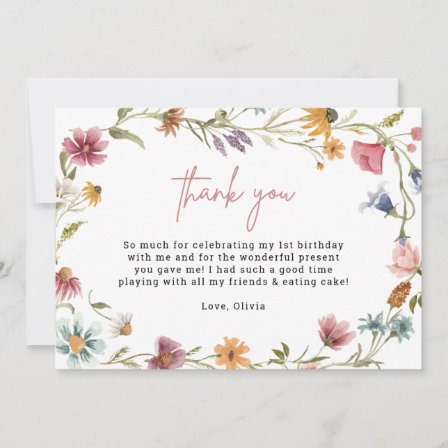 Wildflower 1st Birthday Printable Thank You Cards (Front)