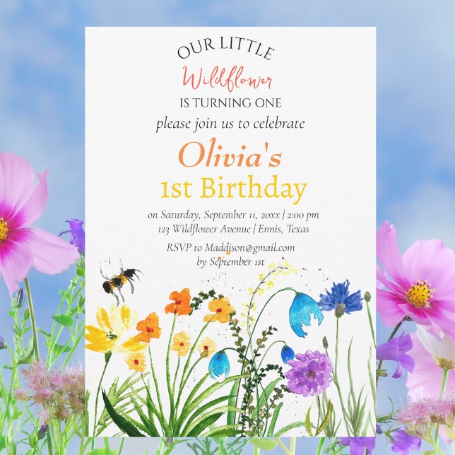 Wildflower 1st First Birthday Red Blue Floral  Invitation (Creator Uploaded)
