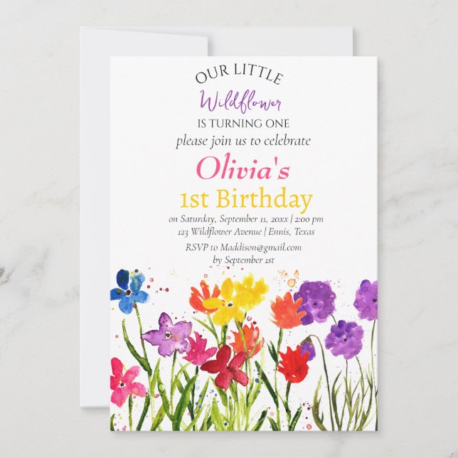 Wildflower 1st First Birthday Red Blue Floral  Invitation (Front)
