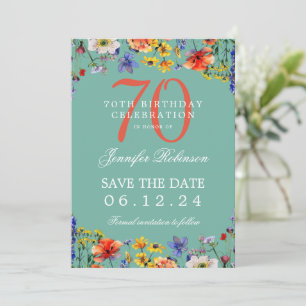 Wildflower 70 Birthday Save Date Details Teal Invitation
