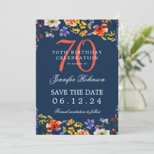 Wildflower 70th Birthday Save Date Details Navy  Invitation