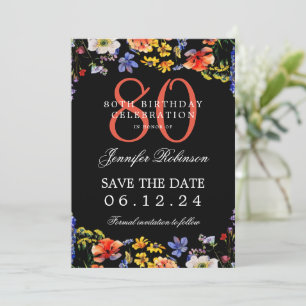 Wildflower 80th Birthday Save Date Details Black  Invitation
