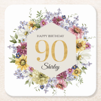 Wildflower 90th Birthday Personalized Square Paper Coaster