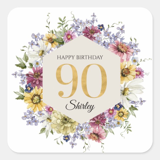 Wildflower 90th Birthday Personalized Square Sticker (Front)