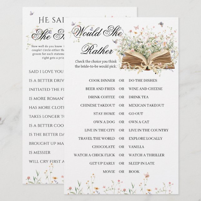 Wildflower A New Chapter Begin Bridal Shower Game (Front/Back)