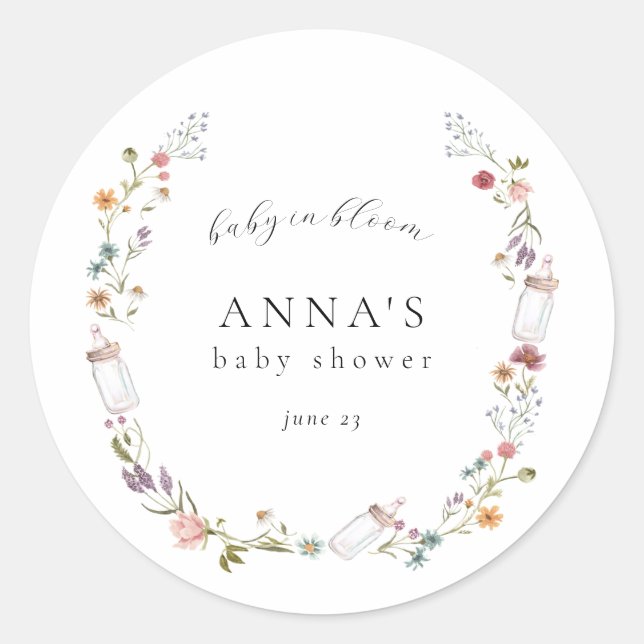 Wildflower and Bottle Wreath Baby Shower Classic Round Sticker (Front)