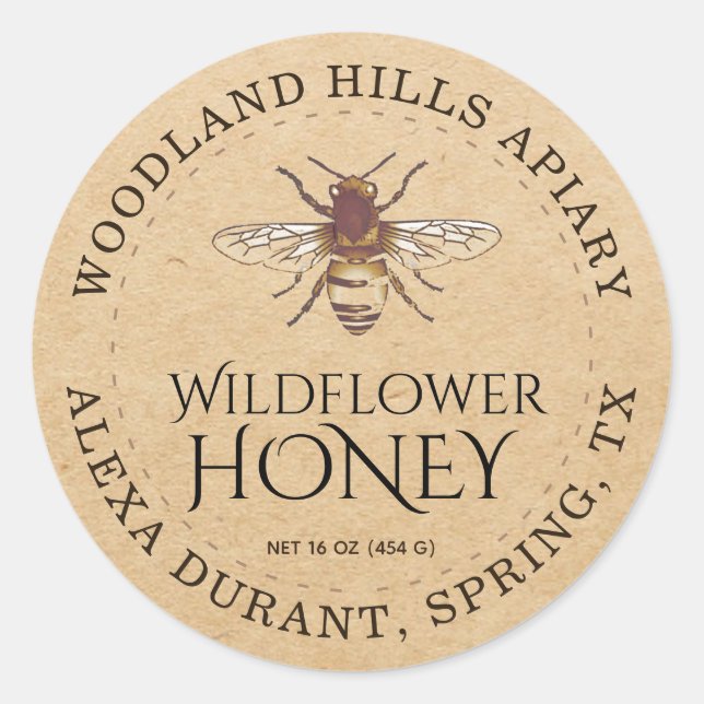 Wildflower and Honeybee Kraft Honey Jar Label (Front)