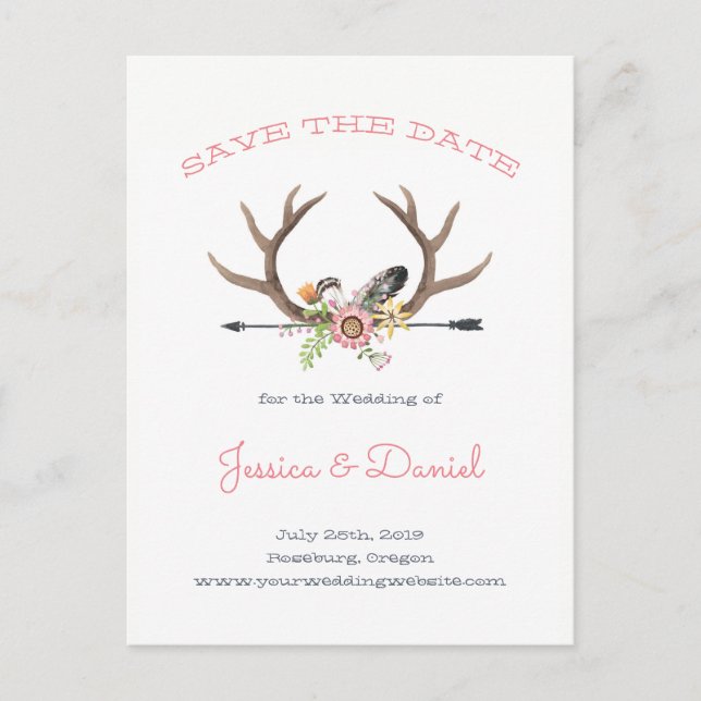 Wildflower Antlers and Arrow Save the Date Announcement Postcard (Front)