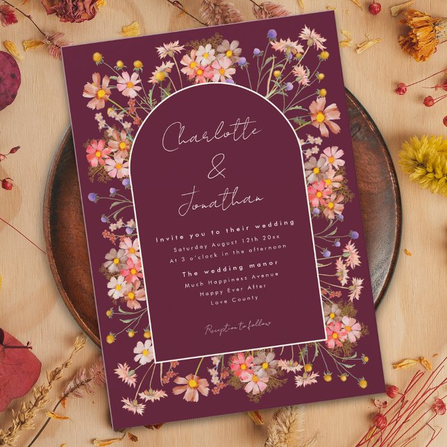 Wildflower Arch Burgundy Burnt Orange Fall Wedding Invitation (Elegant wildflower arch burgundy burnt orange fall wedding invitation )