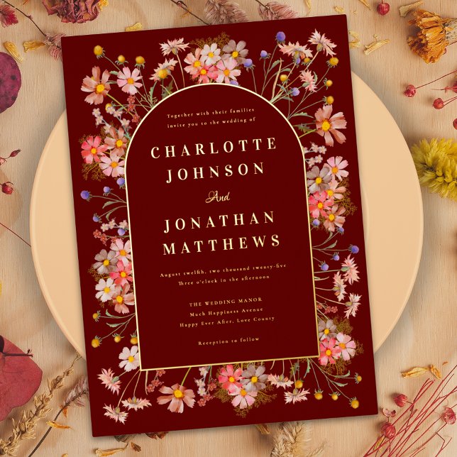 Wildflower Arch Fall Wedding Burgundy Gold (Boho wildflower arch terracotta and gold foil script fall wedding invitation )