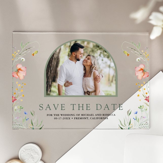 Wildflower Arch Photo Wedding Save the Date Acrylic Invitations (Creator Uploaded)