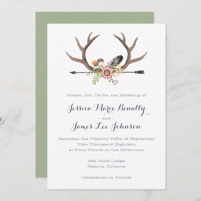 Wildflower Arrow and Antlers Wedding Invitation (Front/Back)