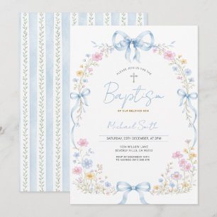 Wildflower Baby Boy Baptism Invite with Cross