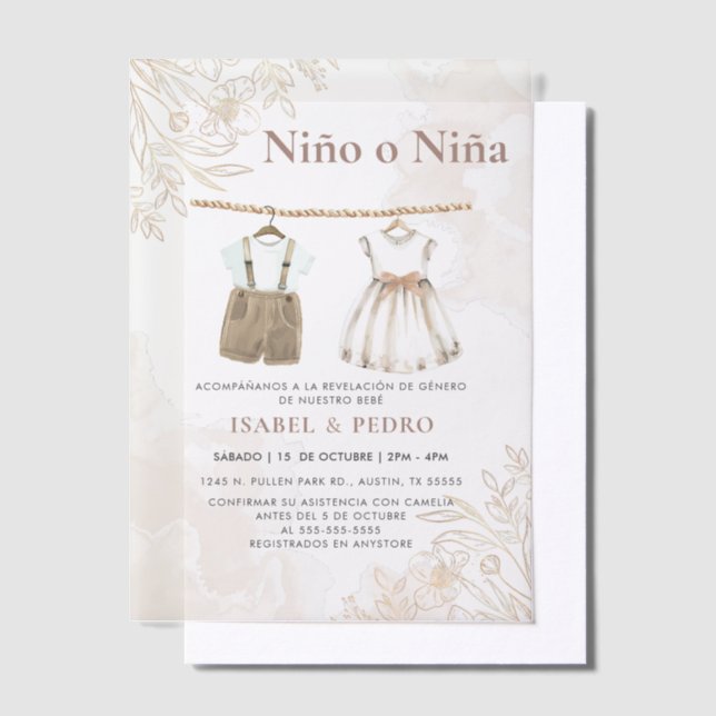 Wildflower Baby Clothes Spanish Gender Reveal Vellum Invitations (Offset)