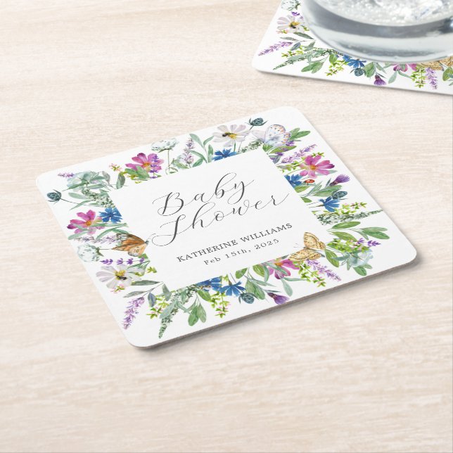 Wildflower Baby In Bloom Baby Shower Square Paper Coaster (Angled)