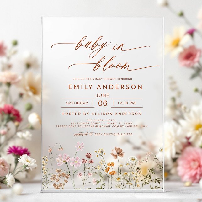 Wildflower Baby in Bloom Baby Shower Terracotta Acrylic Invitations (Creator Uploaded)