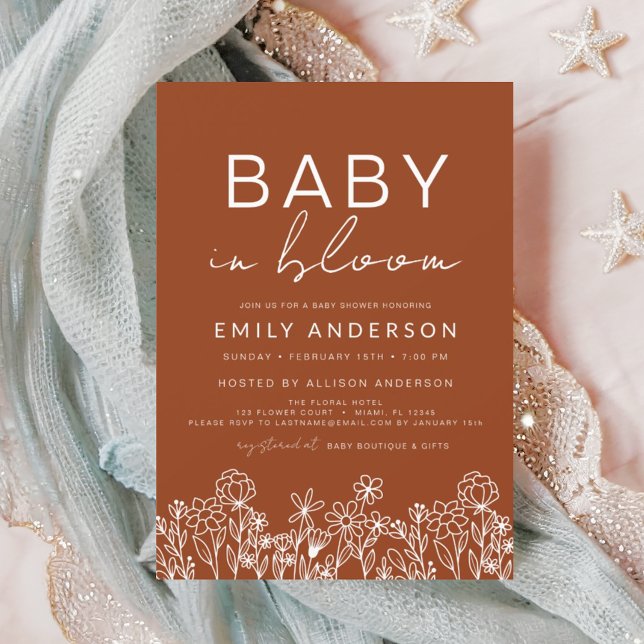 Wildflower Baby in Bloom Baby Shower Terracotta Invitation (Creator Uploaded)