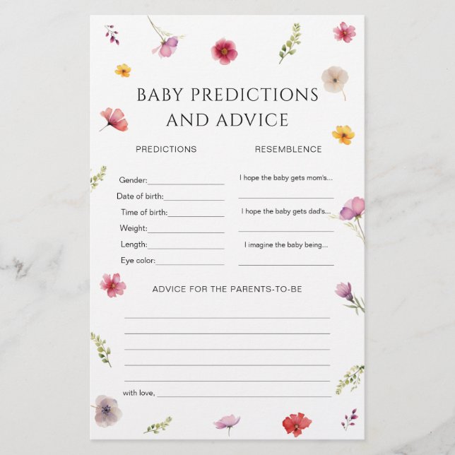 Wildflower Baby Shower Baby Predictions Game (Front)