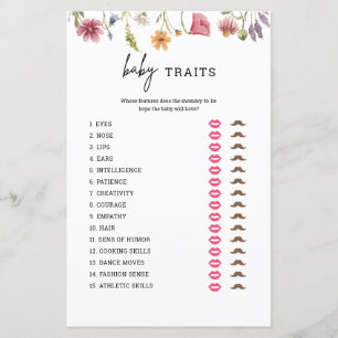 Wildflower Baby Shower Baby Traits Game Cards