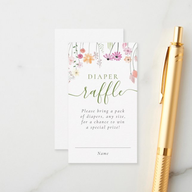 Wildflower Baby Shower Diaper Raffle Ticket Enclosure Card (Front/Back In Situ)