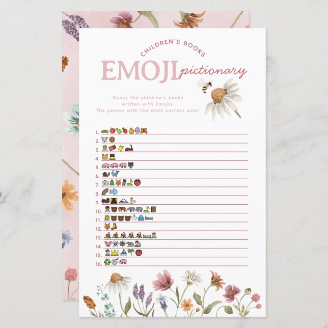 Wildflower Baby Shower Emoji Pictionary Game (Front/Back)