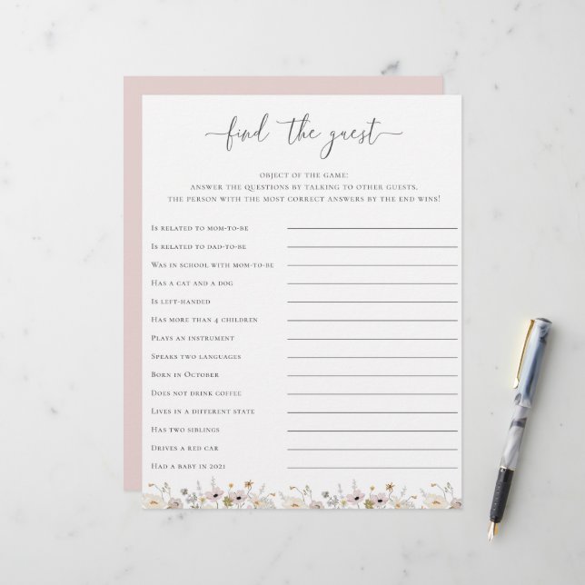 Wildflower Baby Shower Find The Guest Game (Front/Back In Situ)