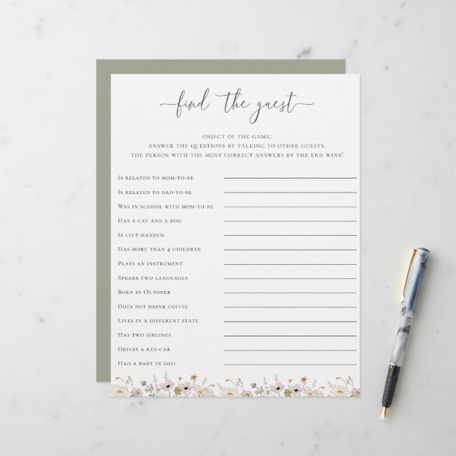 Wildflower Baby Shower Find The Guest Game (Front/Back In Situ)