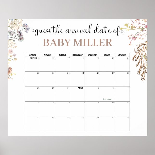 Wildflower Baby Shower Guess Due Date Sign Poster (Front)