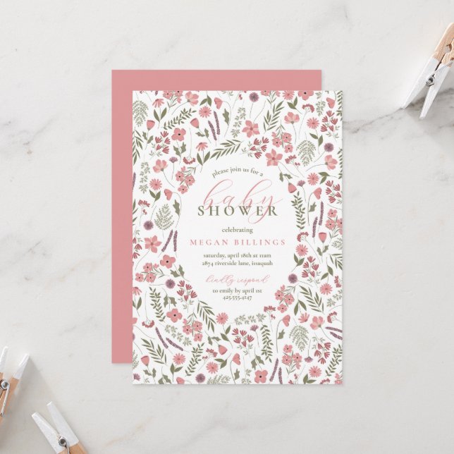 wildflower baby shower invitation - pink (Front/Back In Situ)