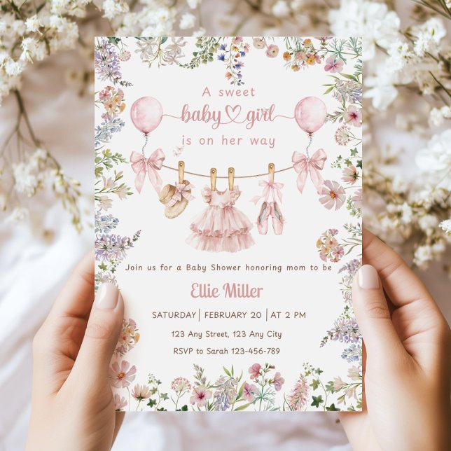 Wildflower Baby Shower Invitation, Pink Bow Floral Invitation (Creator Uploaded)