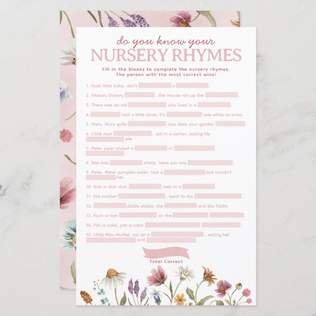 Wildflower Baby Shower Nursery Rhyme Game (Front/Back)