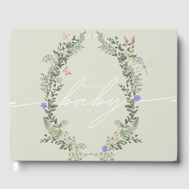 Wildflower Baby Shower Personalized Green Guest Book (Front)
