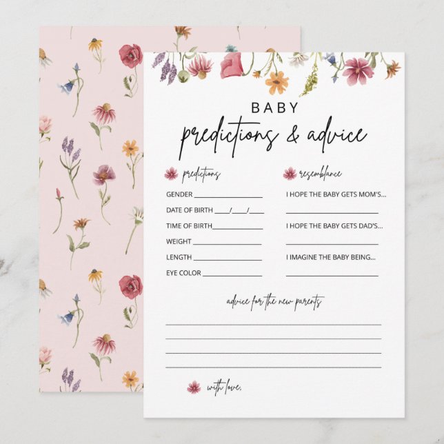 Wildflower Baby Shower Prediction and Advice Cards (Front/Back)