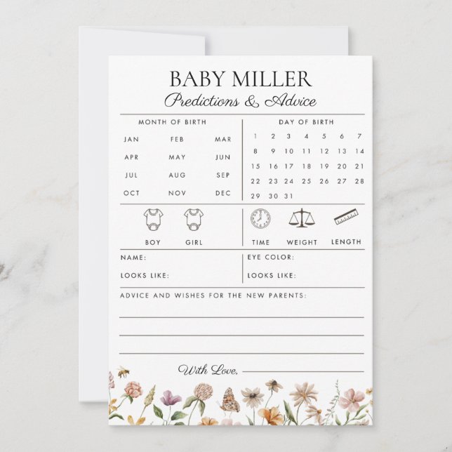 Wildflower Baby Shower Predictions and Advice Card (Front)