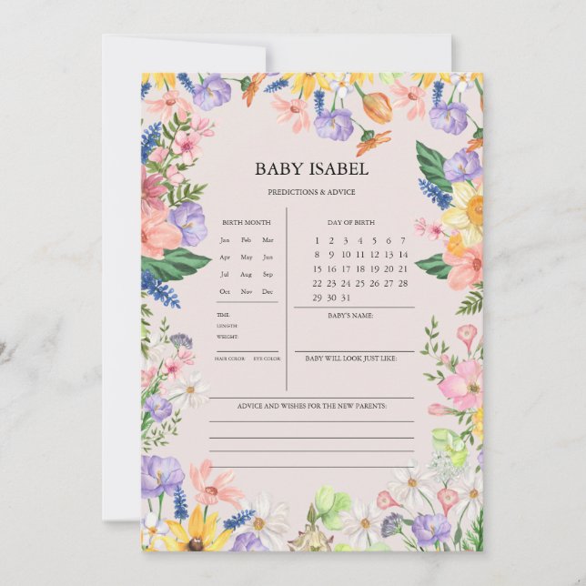 Wildflower Baby Shower Predictions And Advice Card (Front)