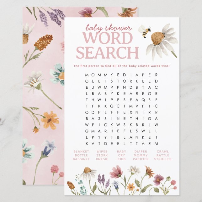 Wildflower Baby Shower Word Search Game Sheet (Front/Back)