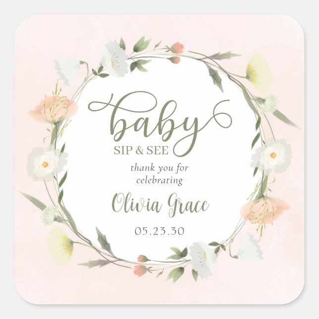 Wildflower Baby Sip And See Thank You Square Sticker (Front)