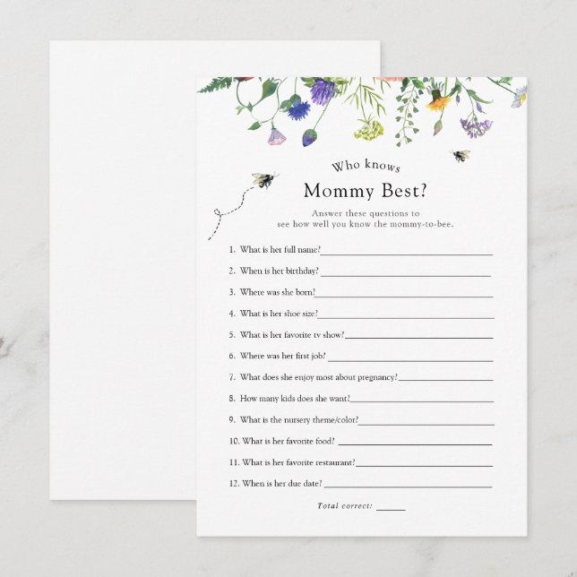 Wildflower Bee Who Knows Mommy Best Shower Game Invitation (Front/Back)