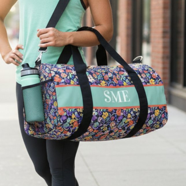 Wildflower Birthday Gift Mint Floral Garden Duffle Bag (Monogram floral gym bag)