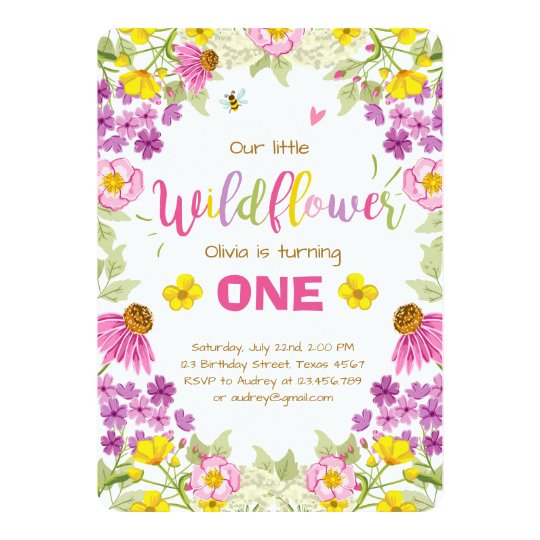 Wildflower birthday invitation Floral Girl pink