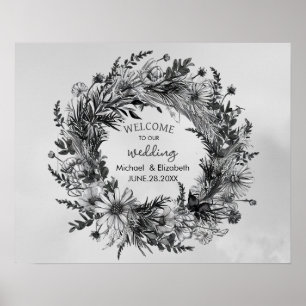Wildflower black and white Wedding Welcome Sign   