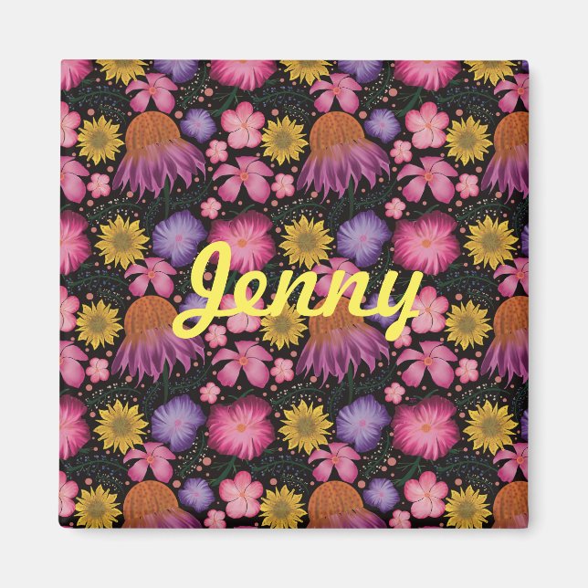 Wildflower Black Floral Personalized Magnet (Front)