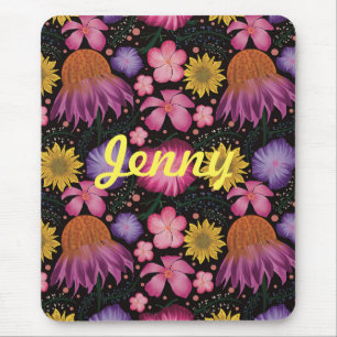 Wildflower Black Floral Personalized Mouse Pad