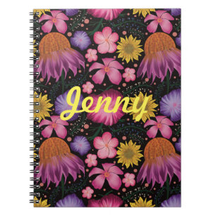 Wildflower Black Floral Personalized Notebook
