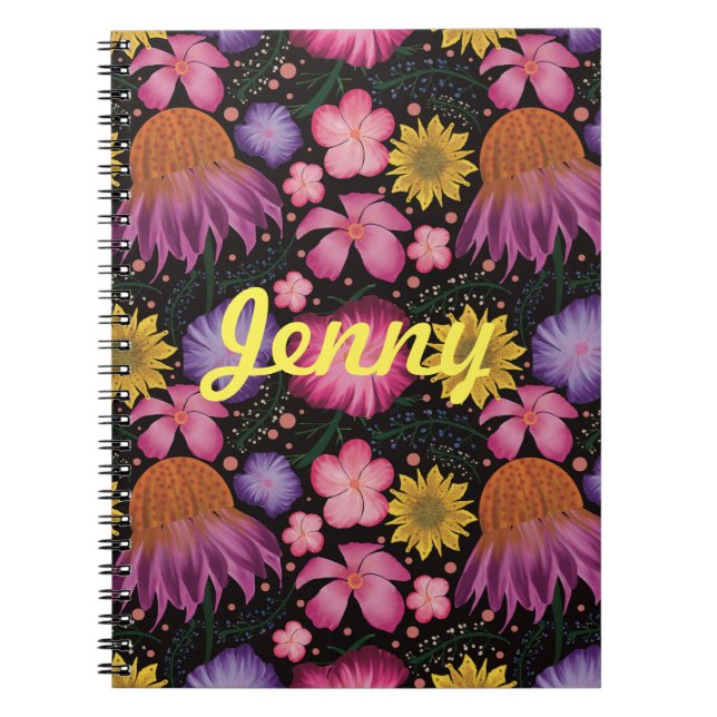 Wildflower Black Floral Personalized Notebook (Front)