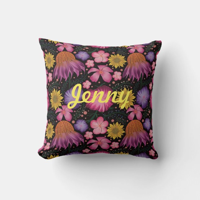 Wildflower Black Floral Personalized  Throw Pillow (Front)