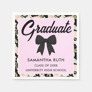 Wildflower Black Gingham Bow Graduation Party Napkin