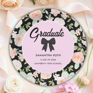 Wildflower Black Gingham Bow Graduation Party Paper Plate